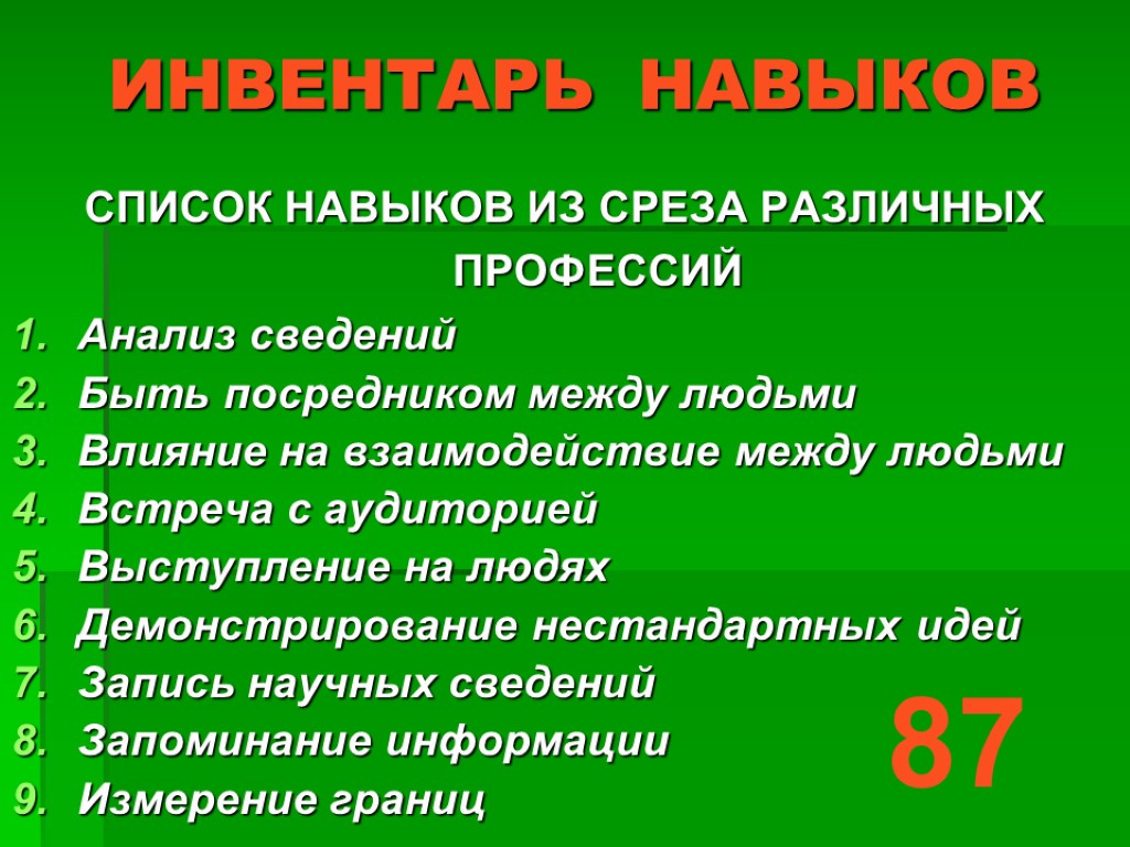 ИНВЕНТАРЬ НАВЫКОВ СПИСОК НАВЫКОВ ИЗ СРЕЗА РАЗЛИЧНЫХ ПРОФЕССИЙ Анализ сведений Быть посредником между людьми